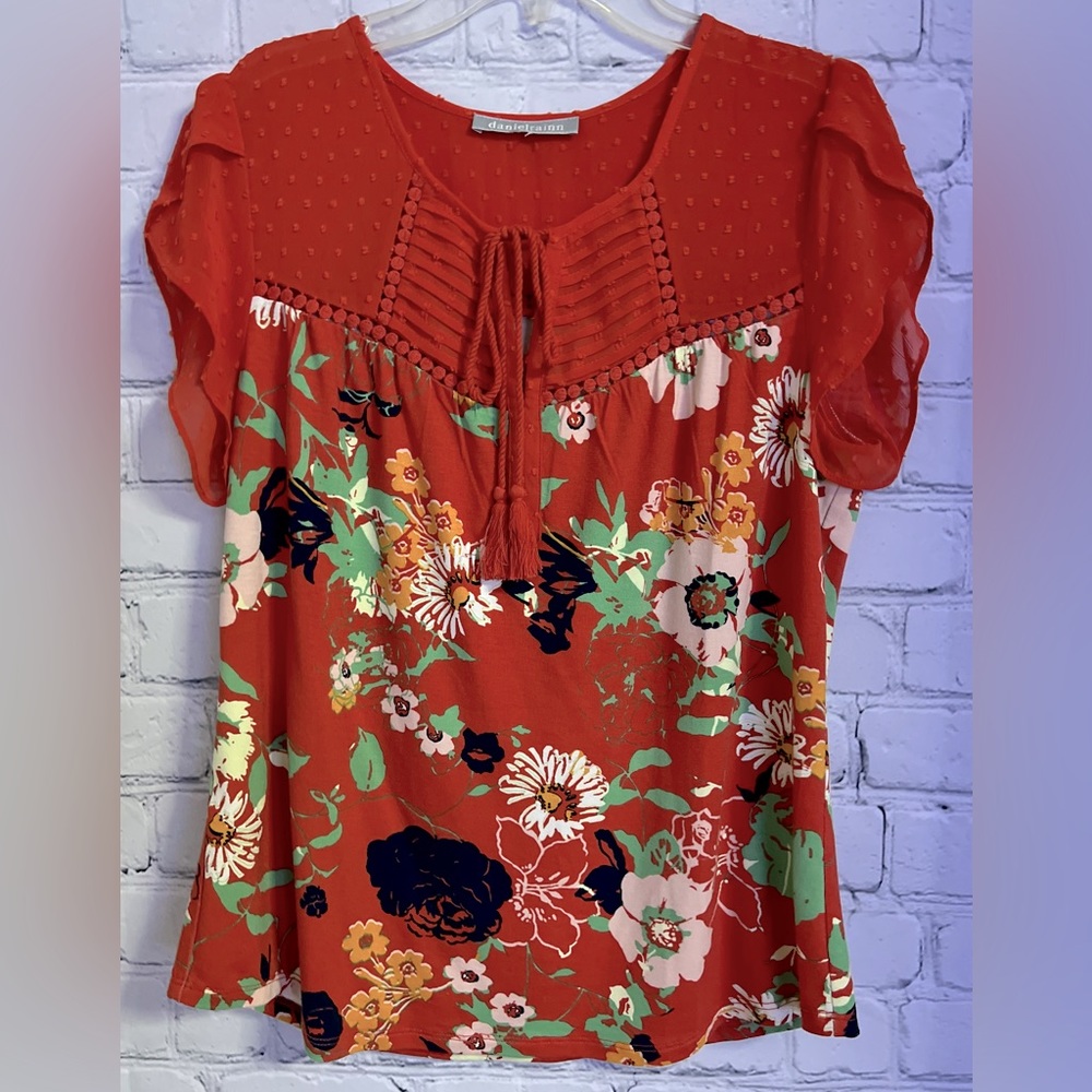 Daniel Rainn Orange Floral Sheer Shoulder/Sleeve Short Sleeve Blouse Size M